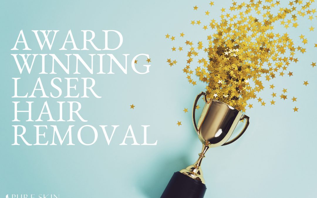 Award Winning Laser Hair Removal: Image of a gold trophy full of confetti on a light blue background.